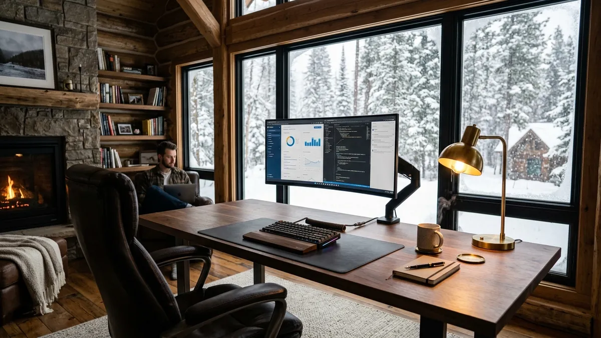 Warm winter desk setup with dark walnut desk leather mat and mechanical keyboard