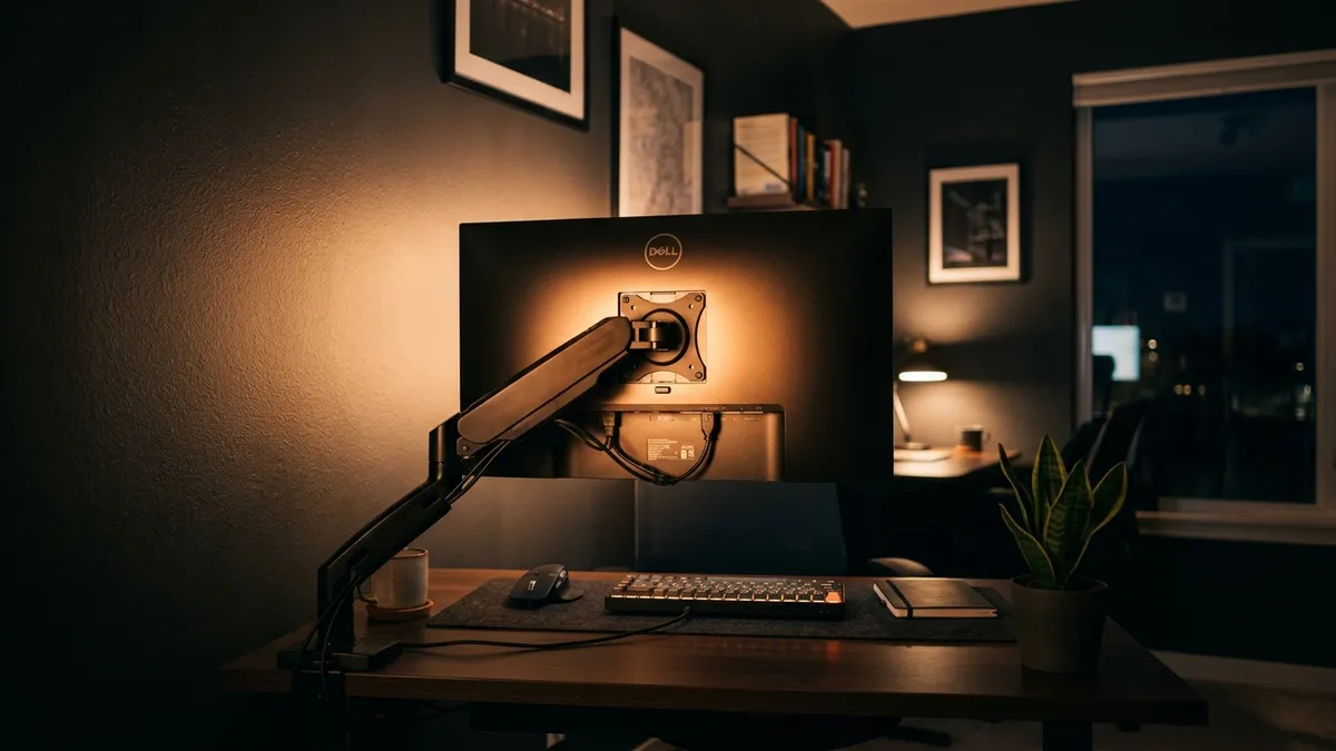Warm ambient bias lighting halo cast behind a monitor onto an accent wall in a dark room