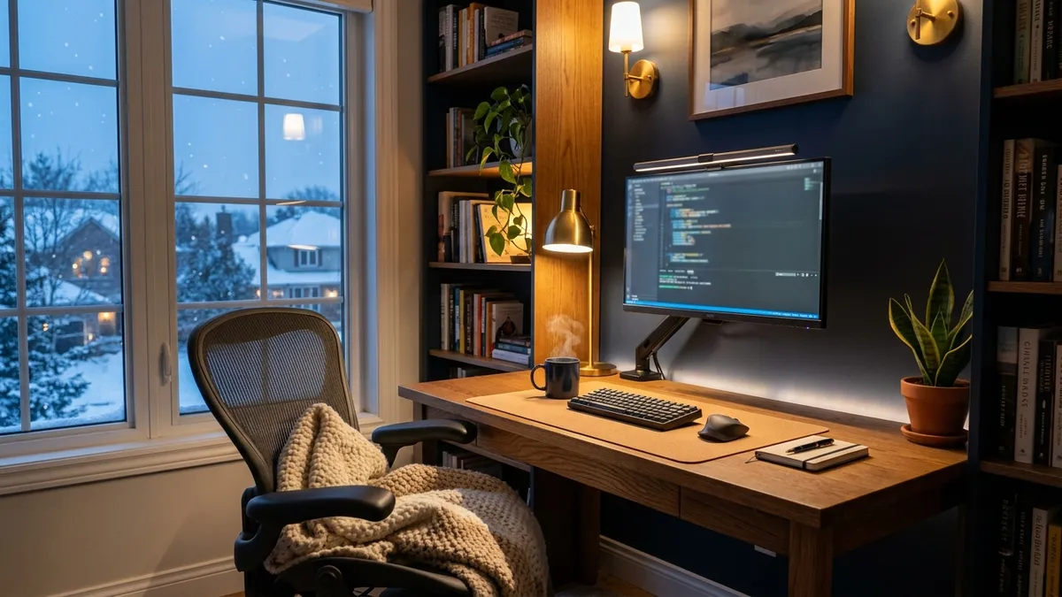Minimalist winter desk setup with cork mat, monitor light bar, and ceramic tea mug