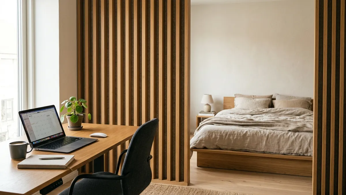 Wooden room divider partition subtly separating a bedroom desk from a platform bed