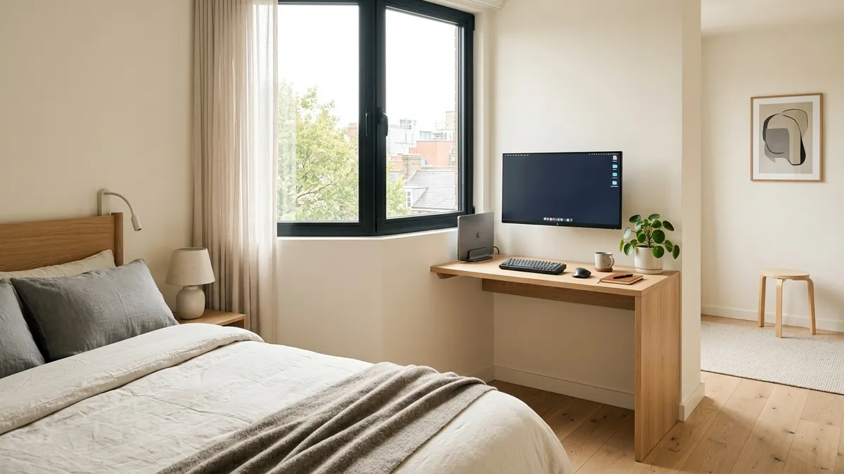 Serene Scandinavian home office nook inside an urban apartment bedroom