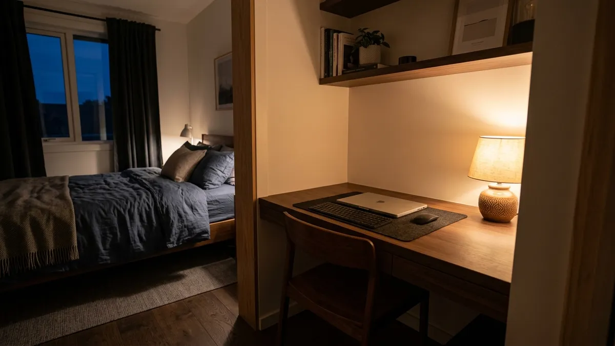 Clean bedroom desk at night in shutdown mode with warm 2700K ambient light and chair tucked in