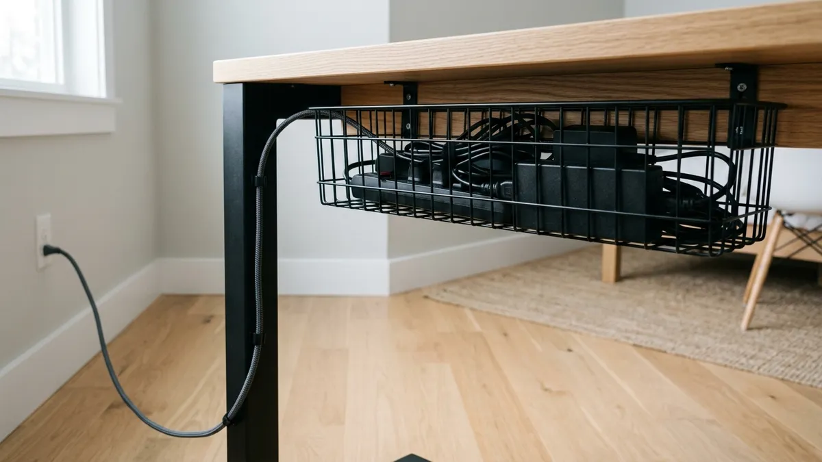 Underside of a bedroom desk showing organized cable tray hiding power bricks and cords