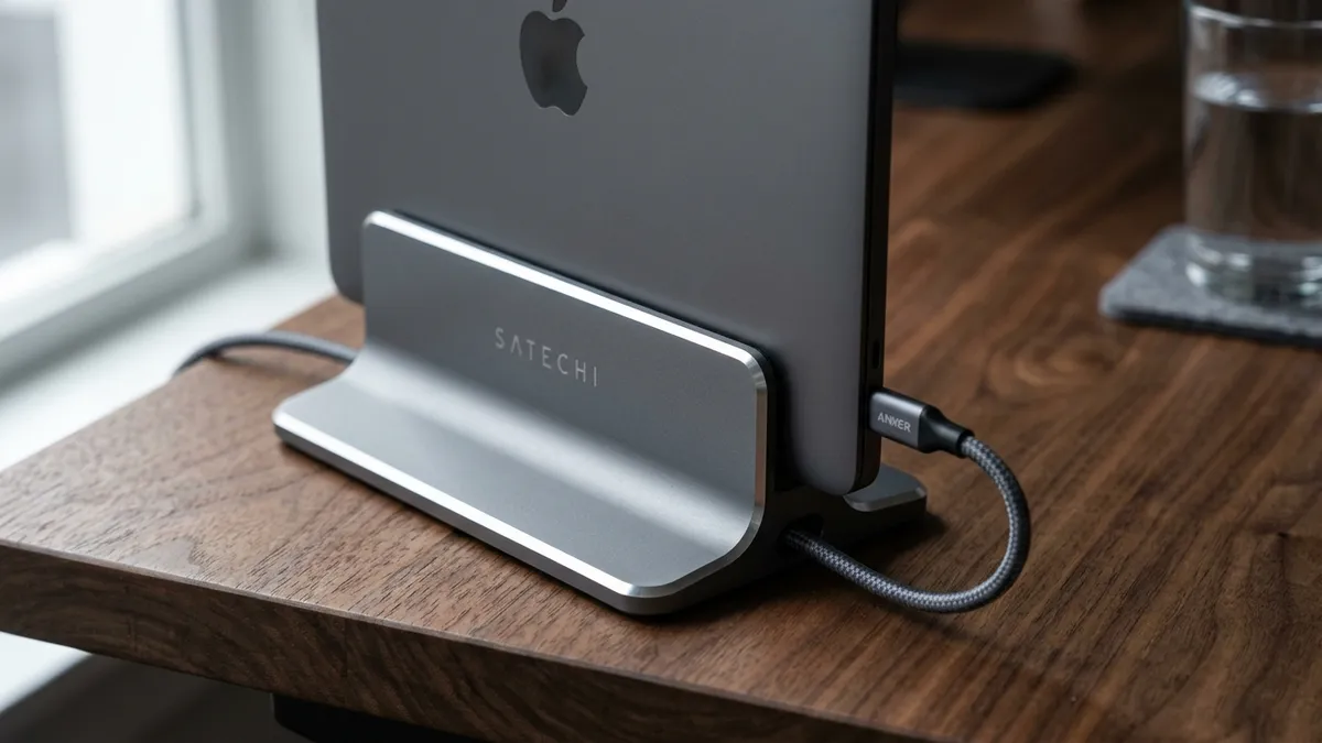 Adjustable aluminum vertical laptop stand holding MacBook Pro in closed clamshell mode