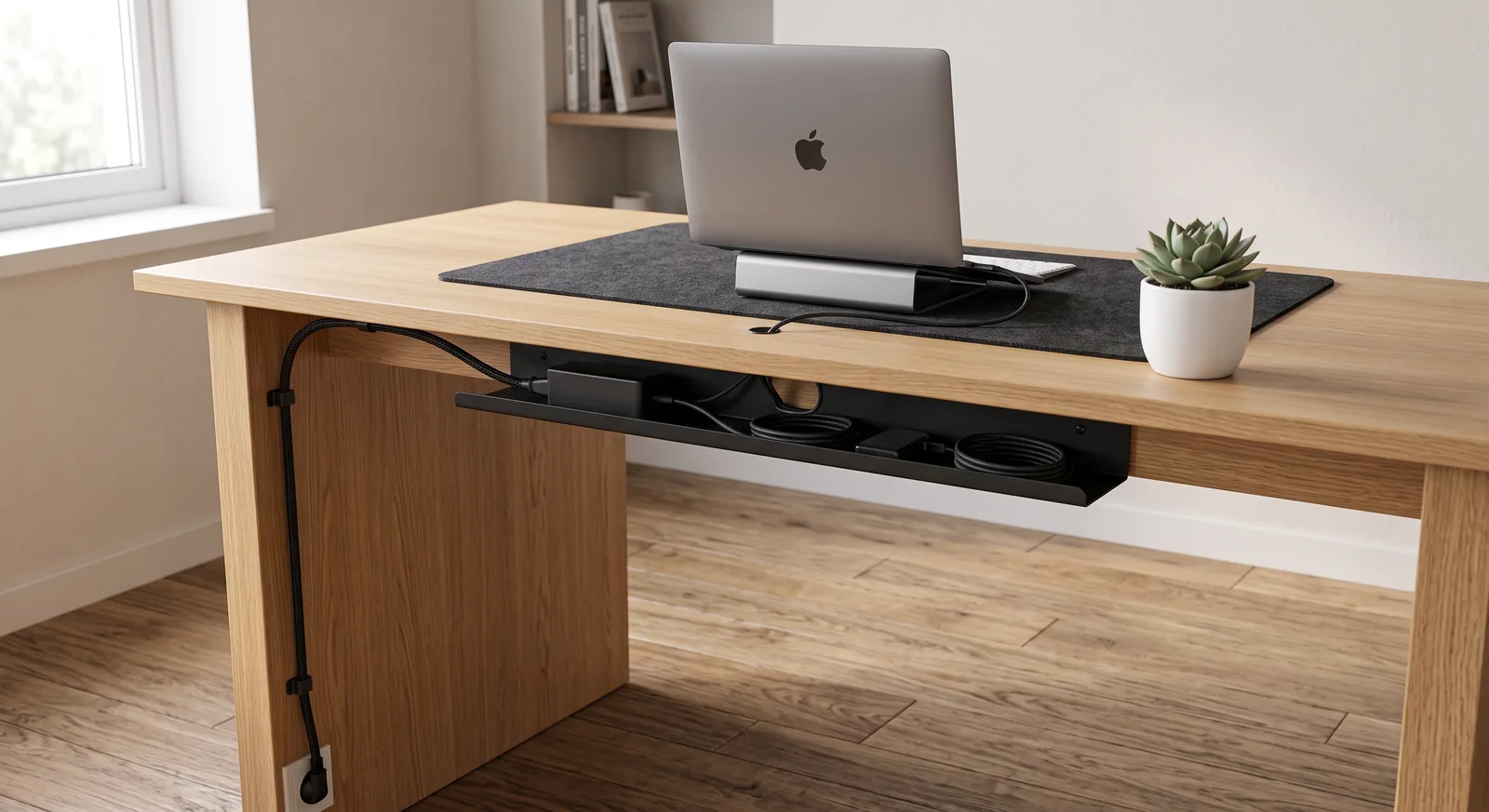 A perfectly cable-managed standing desk setup with hidden wires