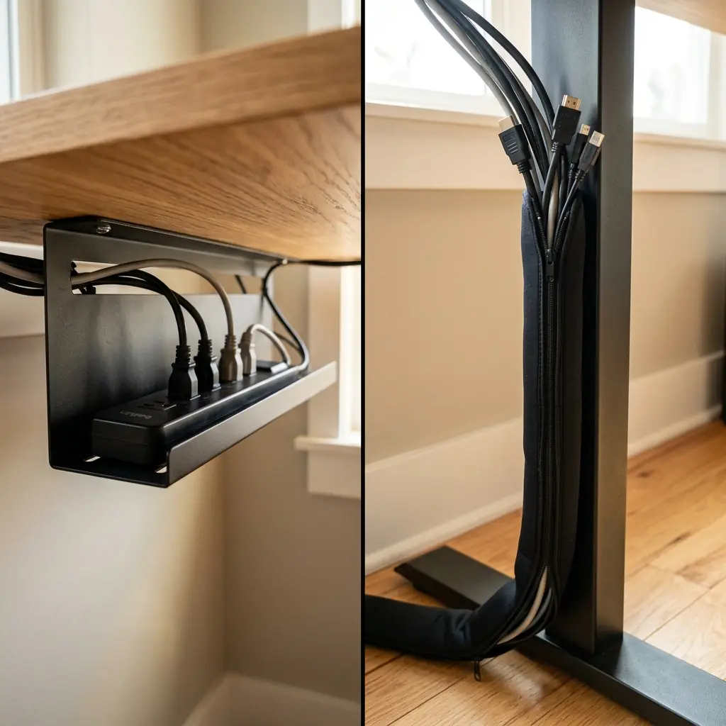 Split view showing a sleek metal cable raceway under an oak desk versus a flexible neoprene cable sleeve wrapping wires down a desk leg