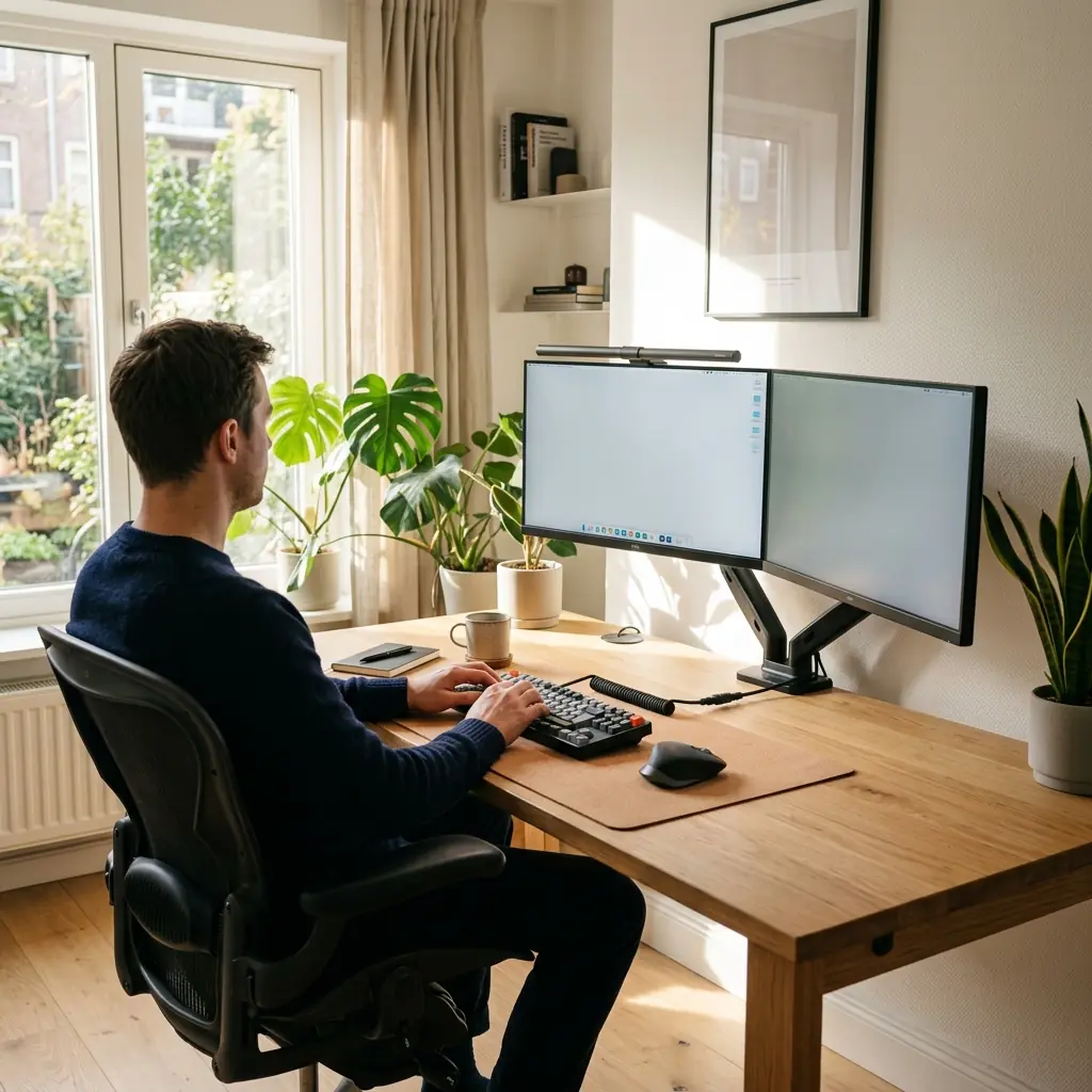 Wide lifestyle shot of a perfectly organized home office desk with dual monitors and zero visible cables
