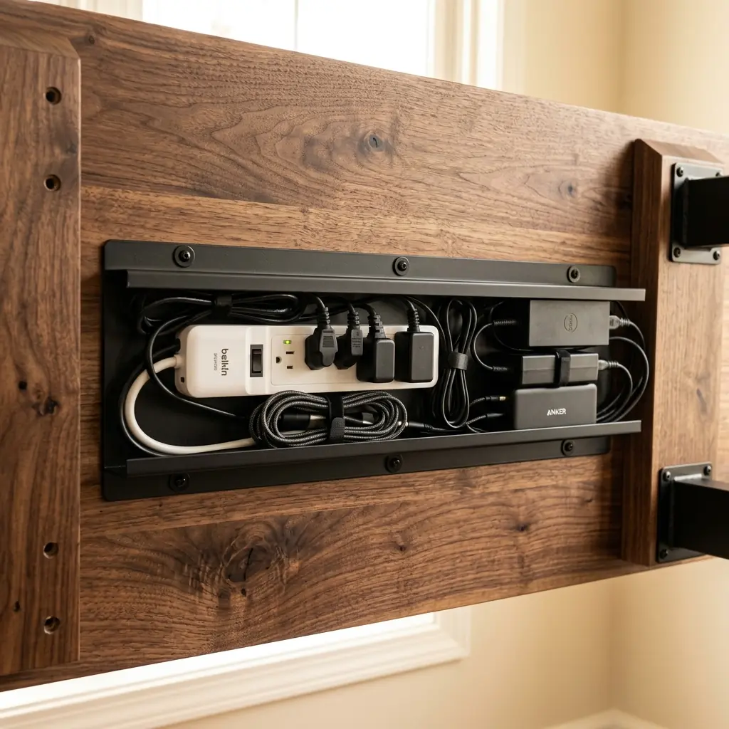 Close-up underside view of a black metal cable raceway screwed into a solid wood desk, hiding a power strip and laptop power bricks