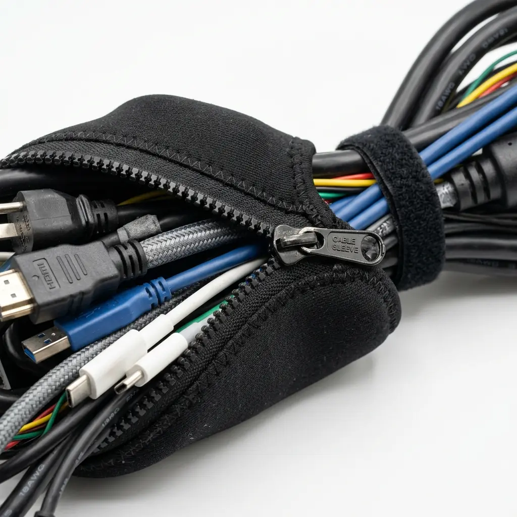 Close-up of a black neoprene zipper cable sleeve wrapping tightly around a thick bundle of colored cables