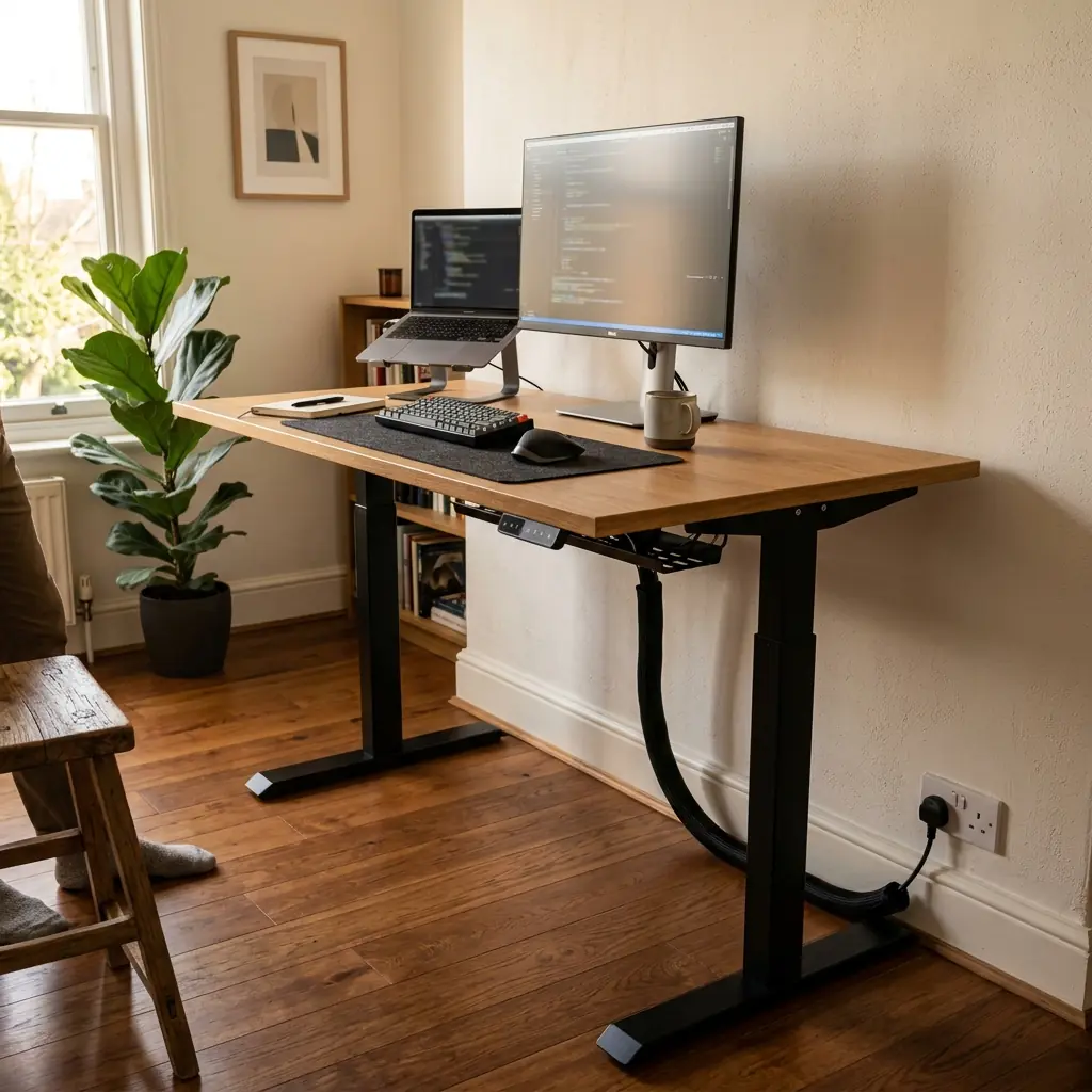 Wide shot of a standing desk raised high, with a single black cable sleeve routing all wires neatly from the desk to the floor outlet