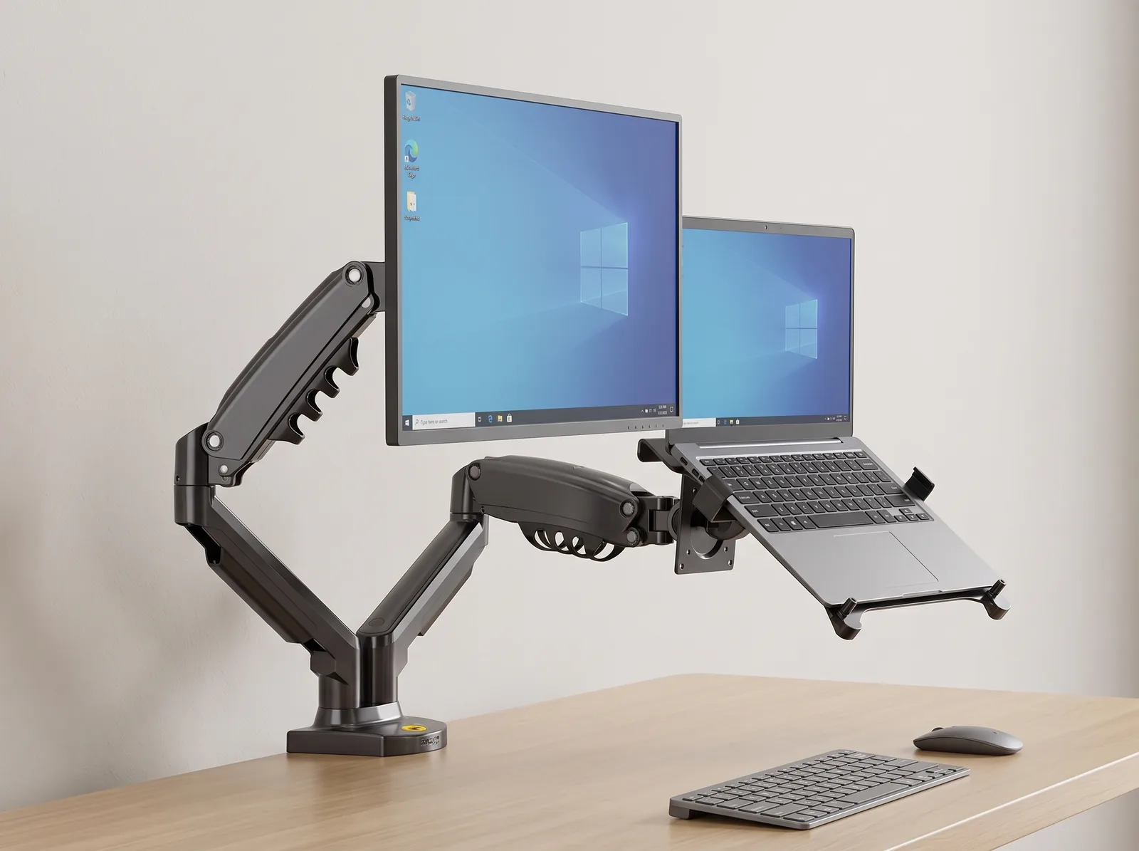 Ergonomic matte charcoal dual monitor and laptop desk mount