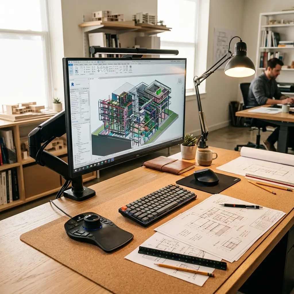Ergonomic architect's desk setup featuring a 32-inch 4K monitor on a heavy-duty arm, 3D SpaceMouse, compact keyboard, and drafting blueprints on an oak desk