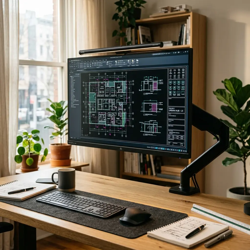 Massive 32-inch 4K professional monitor mounted on a heavy-duty arm displaying an architectural CAD drawing at eye level