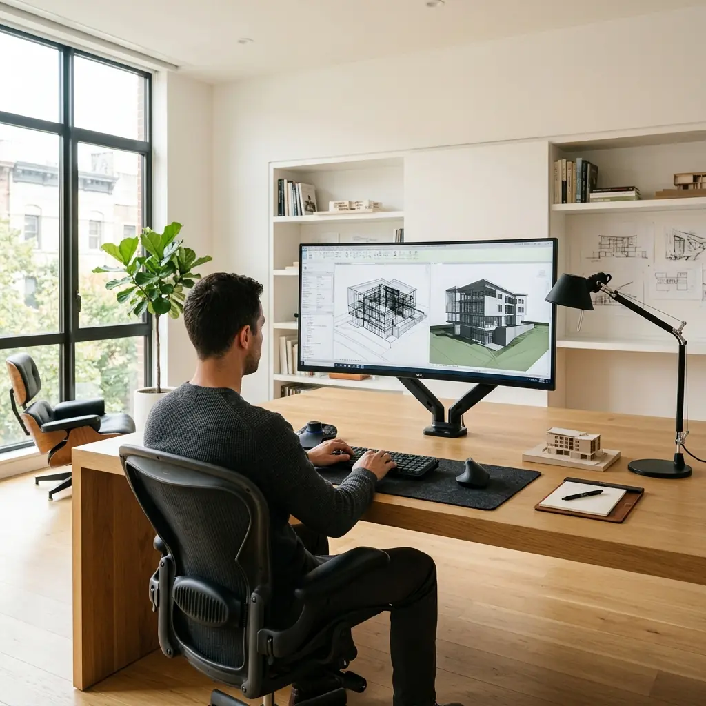 Professional architect working in a premium minimalist studio office with a large monitor on an arm, SpaceMouse, and clean cable management