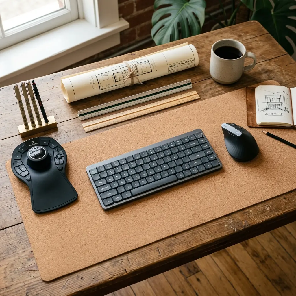 Overhead flat-lay of an organized architect's desk showing a SpaceMouse, compact keyboard, architectural scales, and blueprints on a large cork mat