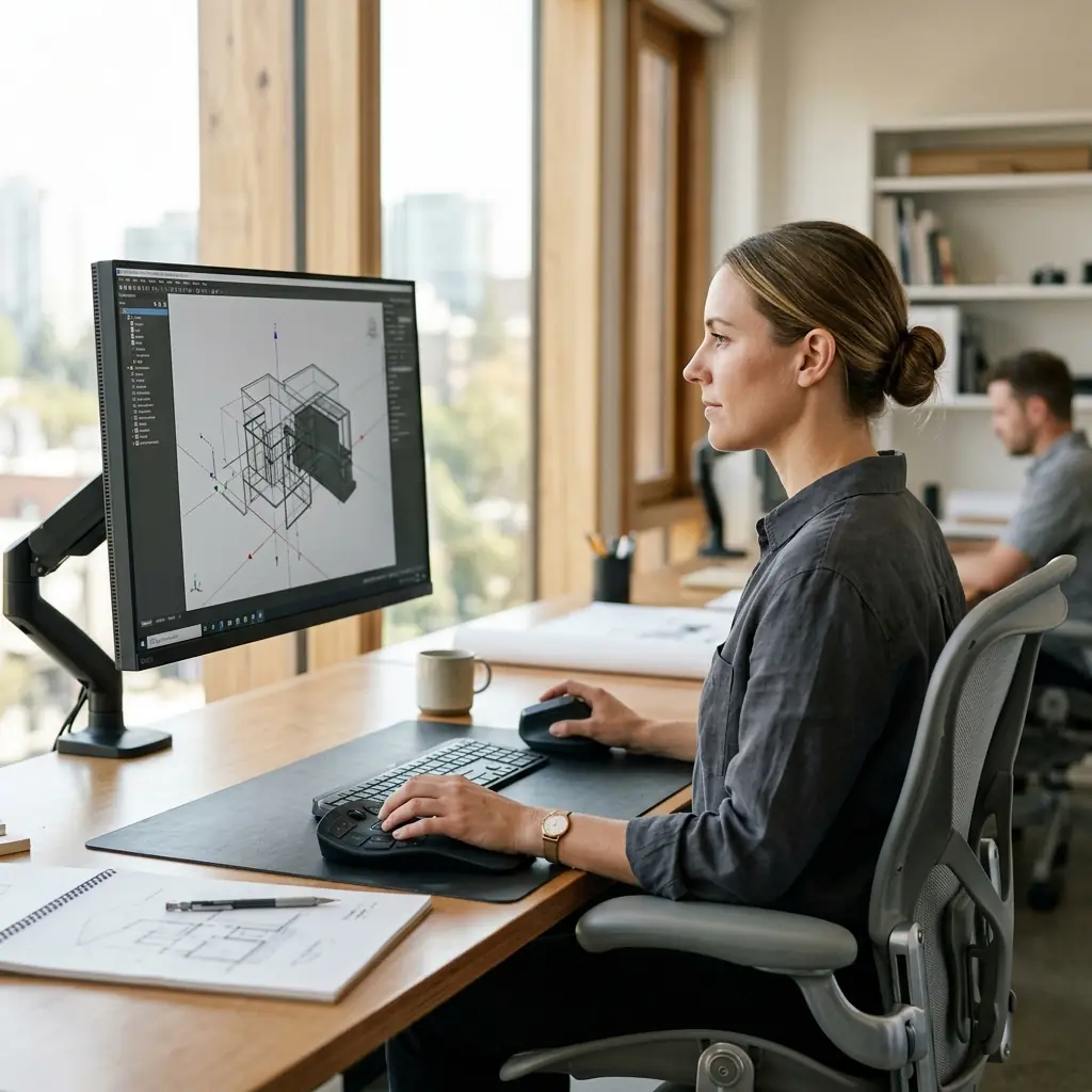 Architect sitting with perfect upright posture while operating a 3D CAD controller and looking at a 32-inch monitor at eye level