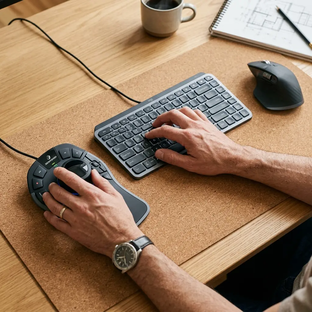 Architect's hands demonstrating proper ergonomic use of a 3D SpaceMouse and a compact mechanical keyboard on a cork desk mat