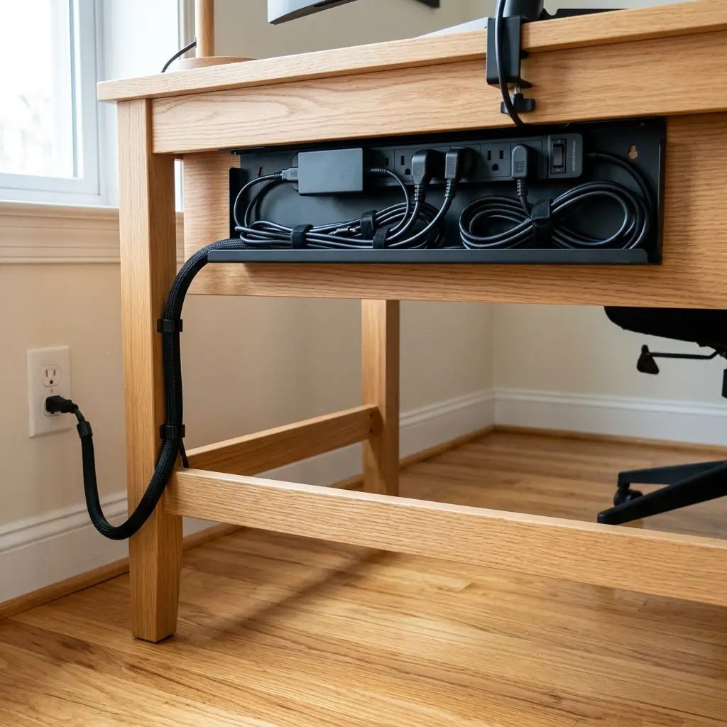Immaculate under-desk cable management showing a black cable tray holding a power strip and a single neatly routed cable sleeve
