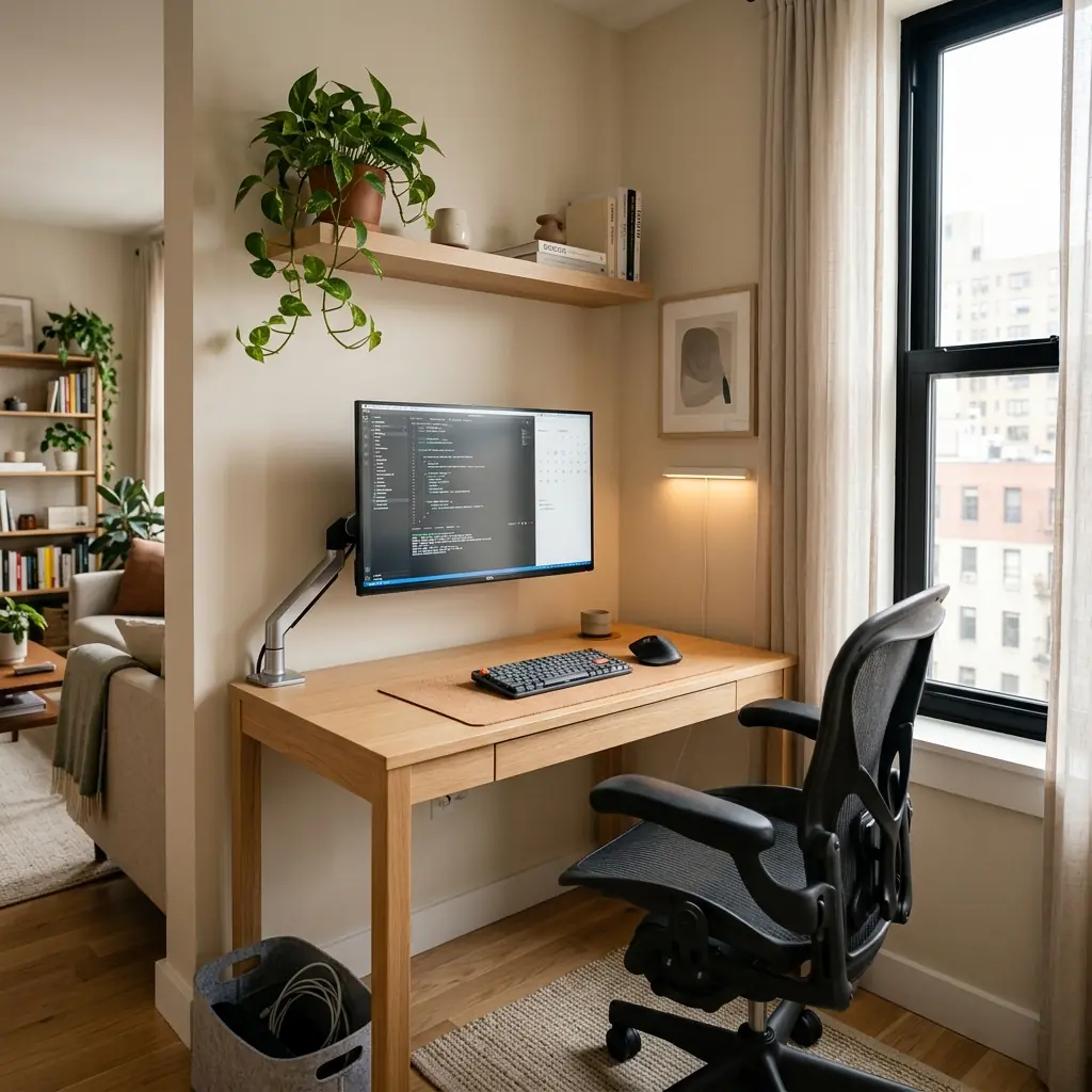 Compact ergonomic desk setup tucked into a stylish small apartment corner featuring a 40-inch oak desk, single monitor on an arm, and mesh chair