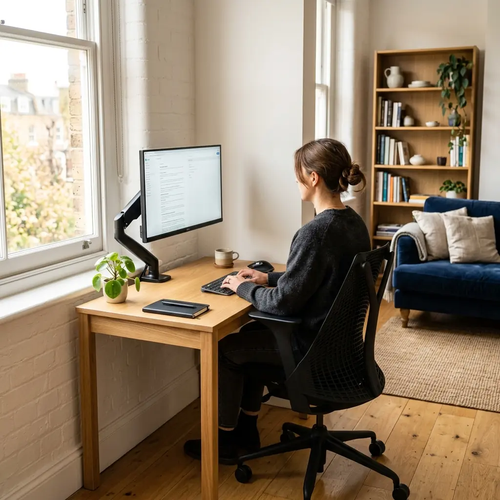 Professional working at a beautiful, highly functional compact desk setup seamlessly integrated into a small studio apartment