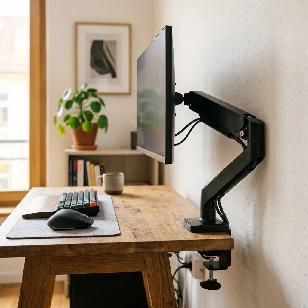 Premium monitor arm clamped to the back edge of a small oak desk, holding a 27-inch monitor pushed flush against the wall