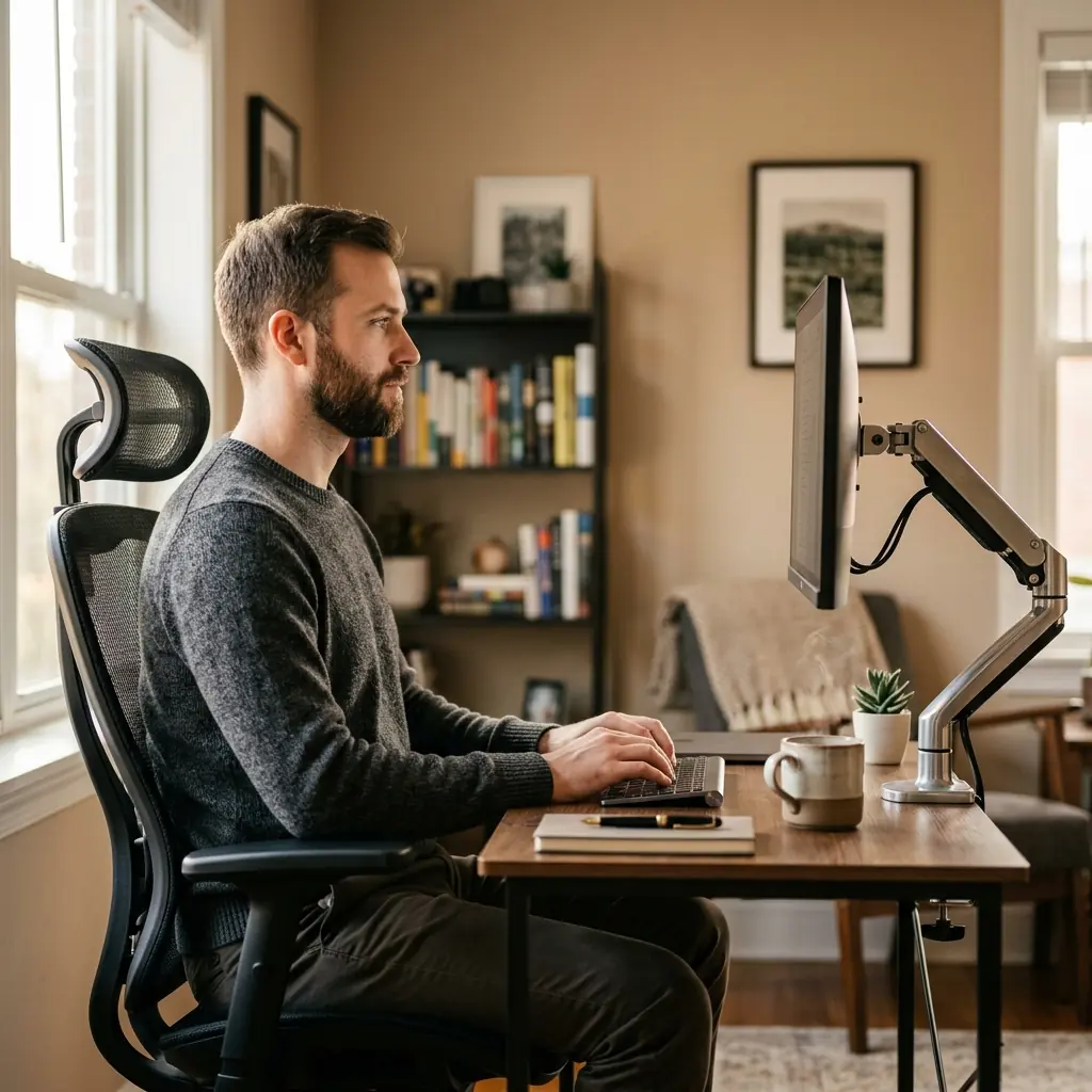 Creative professional sitting with excellent upright posture at a compact apartment desk, typing on a compact keyboard with monitor at eye level