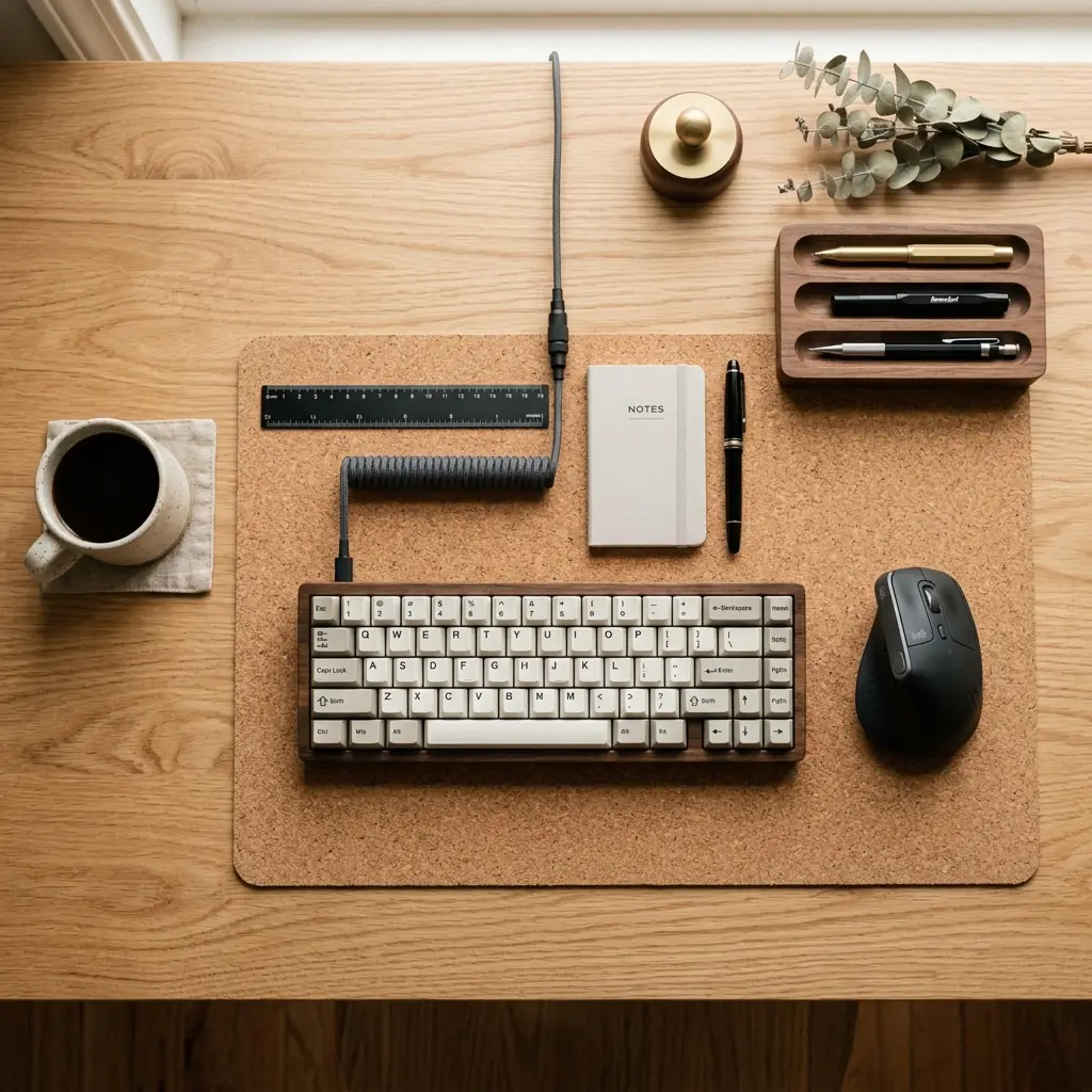 Overhead flat-lay of a compact 40-inch desk surface showing a cork mat, 65% mechanical keyboard, vertical mouse, and minimalist desk organizer
