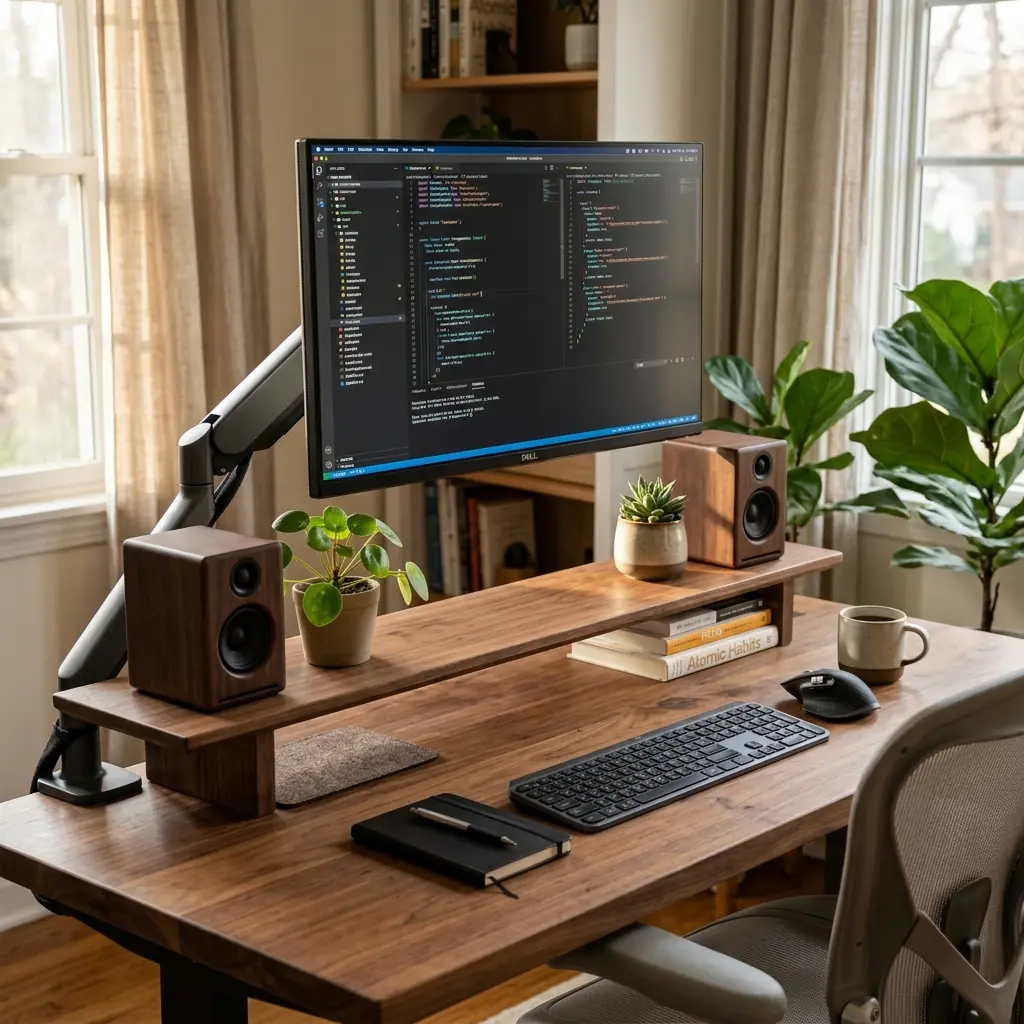 High-end workspace utilizing both a solid walnut desk shelf and a monitor mounted on an arm floating cleanly above the shelf