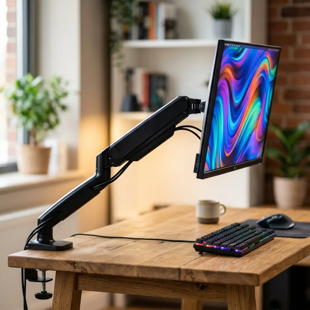 Black gas-spring monitor arm extended forward and tilted upward, demonstrating dynamic range of motion