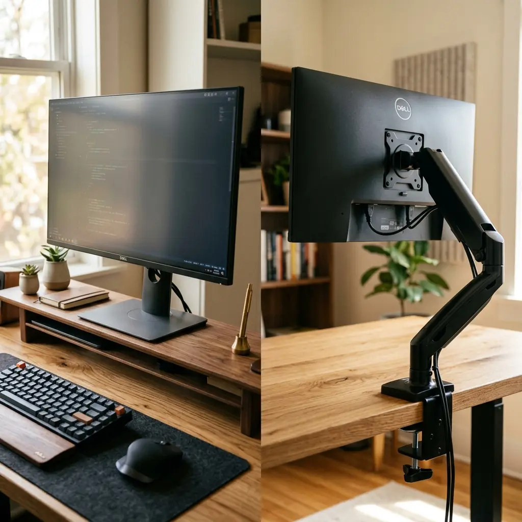 Split view comparing a premium solid walnut desk shelf with a monitor on top versus a heavy-duty monitor arm holding a floating display