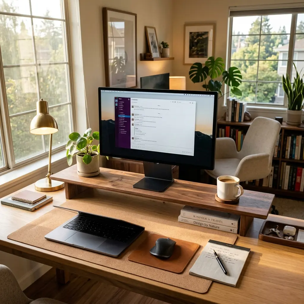Wide lifestyle shot of a warm, perfectly organized home office desk featuring a solid wood desk shelf