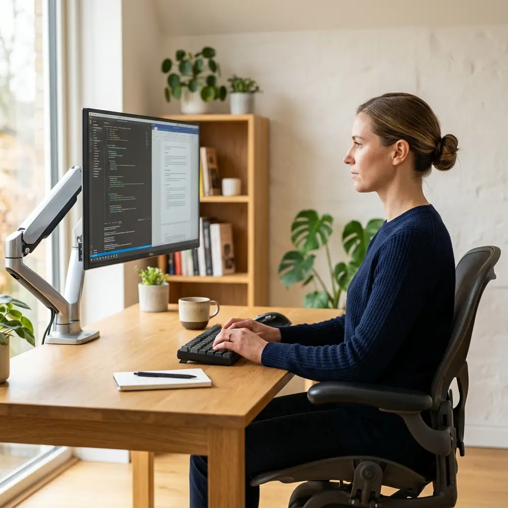 Side-profile of a professional with perfect upright posture looking at an eye-level monitor mounted on a heavy-duty arm