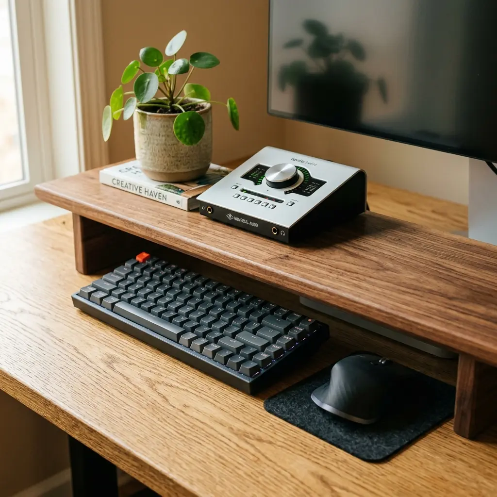 Close-up of a premium solid walnut desk shelf showing a mechanical keyboard and wireless mouse tucked underneath for storage