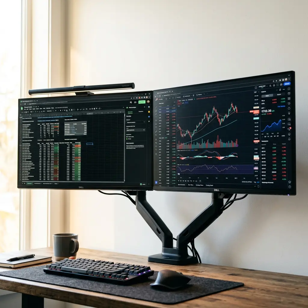 Dual 27-inch monitors mounted perfectly aligned side-by-side on an adjustable monitor arm displaying financial data