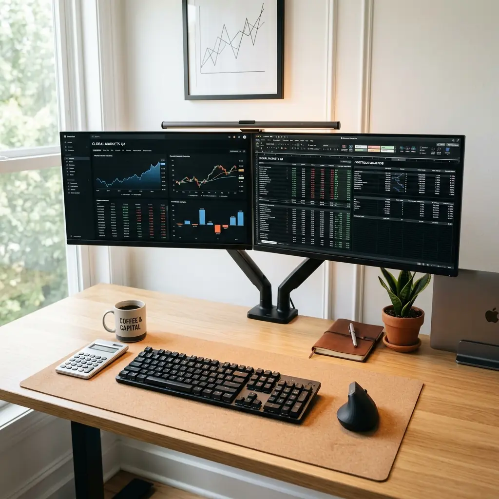 Minimalist home office desk setup for a financial analyst featuring dual 27-inch monitors, mechanical keyboard with numeric keypad, and aluminum calculator