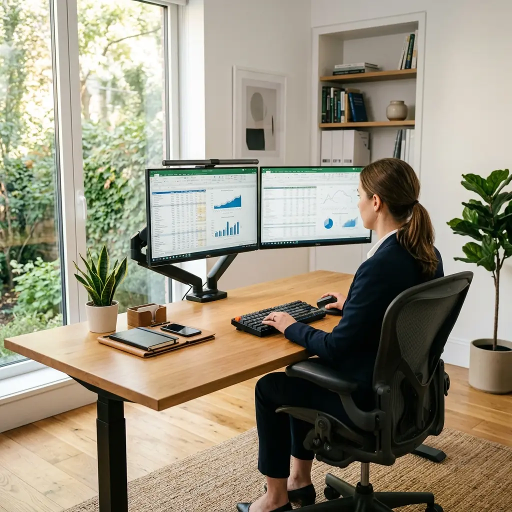 Financial analyst working in a premium home office with a dual monitor setup, clean cable management, and professional lighting
