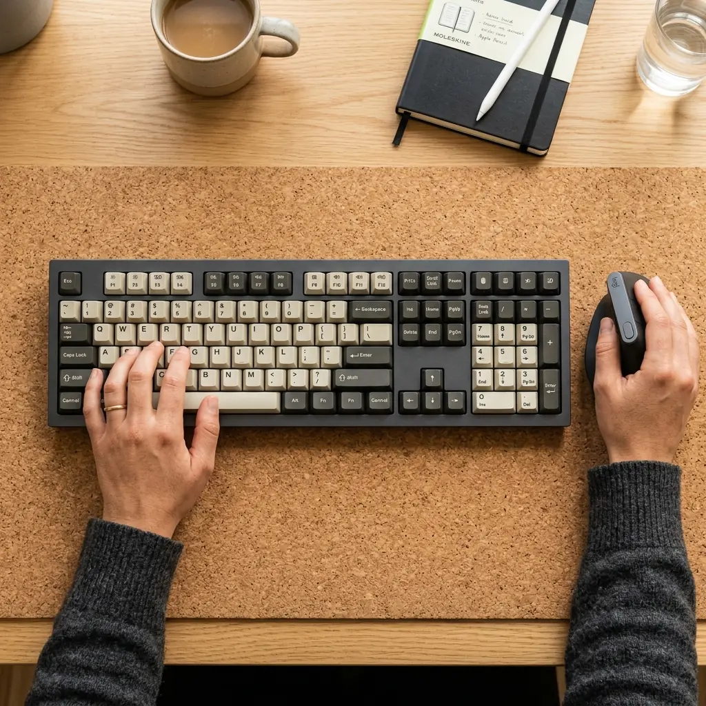 Analyst using a full-size mechanical keyboard with a numeric keypad and an ergonomic vertical mouse on a cork desk mat