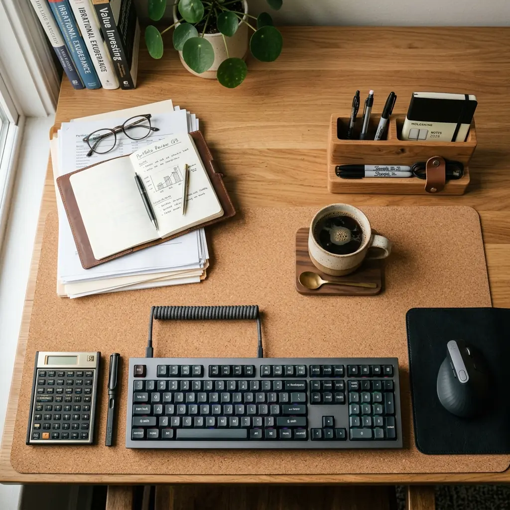 Organized financial analyst desk flat-lay featuring a full-size keyboard, vertical mouse, financial calculator, and desk organizer