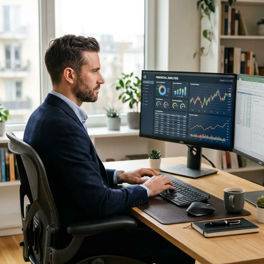 Financial analyst sitting with perfect upright posture, typing on a full-size keyboard while looking at a dual-monitor setup at eye level