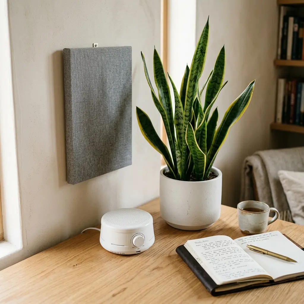 Writer's desk corner showing a focus environment with acoustic panel on the wall, white noise machine, and a snake plant on an oak desk