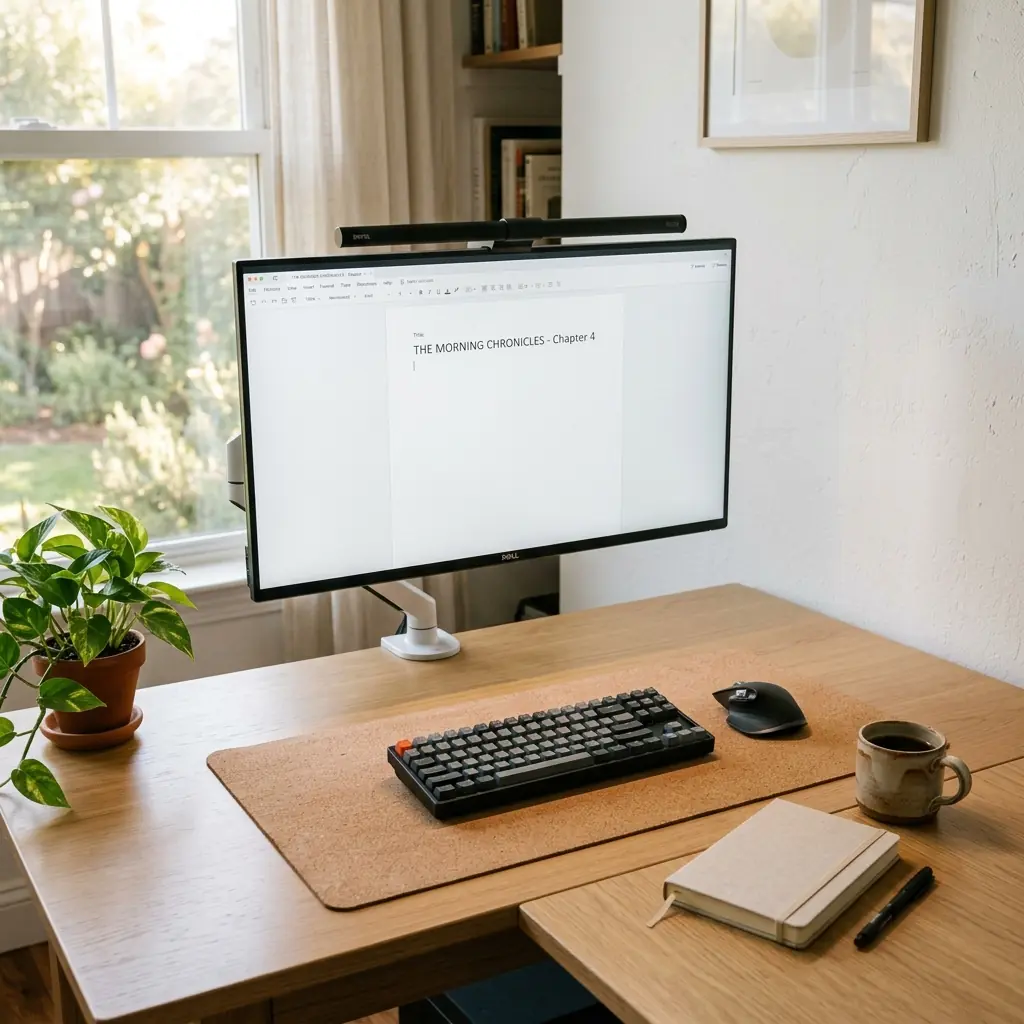 Minimalist ergonomic desk setup for writers with large monitor on arm, compact mechanical keyboard on cork mat, and small notebook on oak desk