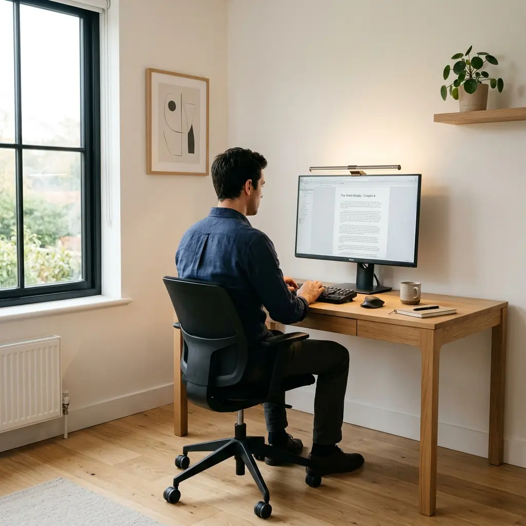 Writer working in a calm, premium minimalist home office with excellent posture, monitor light bar, and natural window light