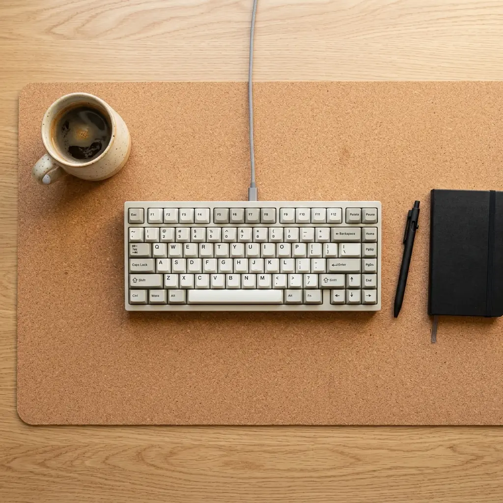Beautifully minimalist writer's desk surface featuring a cork desk mat, compact keyboard, pen, notebook, and a single coffee mug