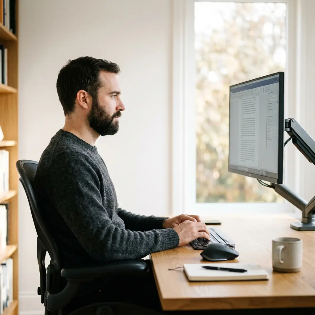 Writer sitting with excellent upright posture at a clean desk, typing on a flat keyboard with monitor at perfect eye level