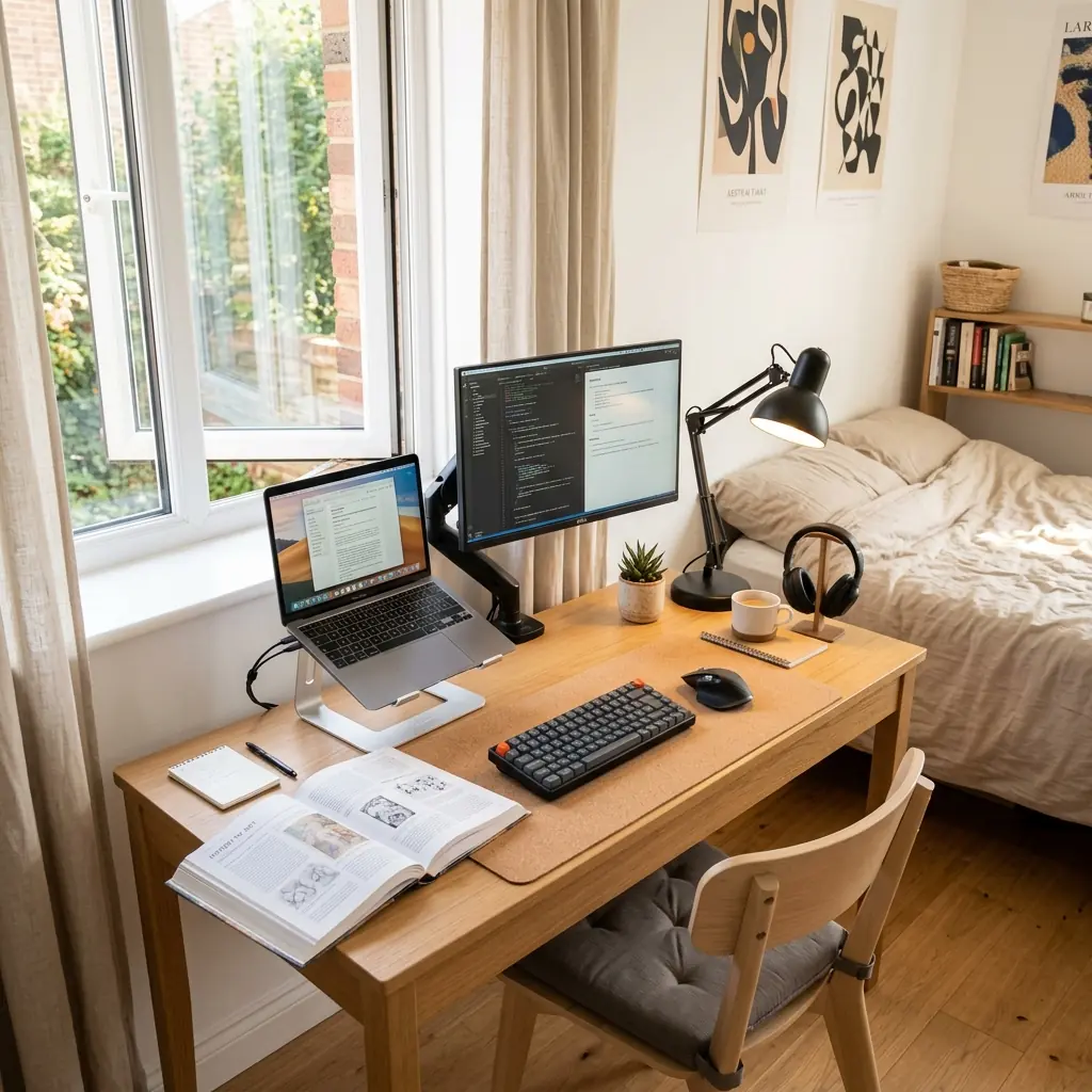 Ideal desk setup for students in a bright dorm room featuring a laptop on a silver stand, compact keyboard, textbook, and modern desk lamp