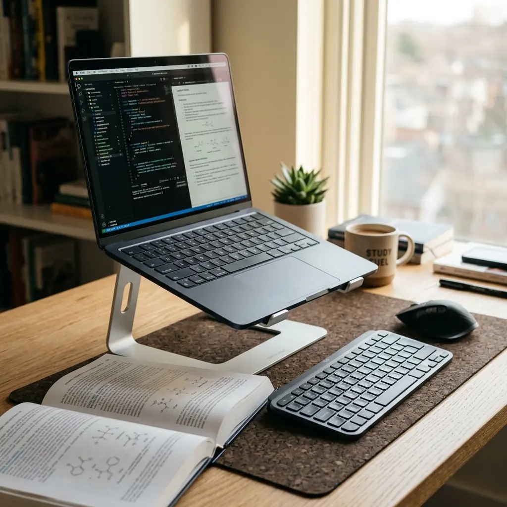 Student laptop elevated on a silver aluminum stand to eye level, with a compact wireless keyboard and mouse resting on a cork desk mat