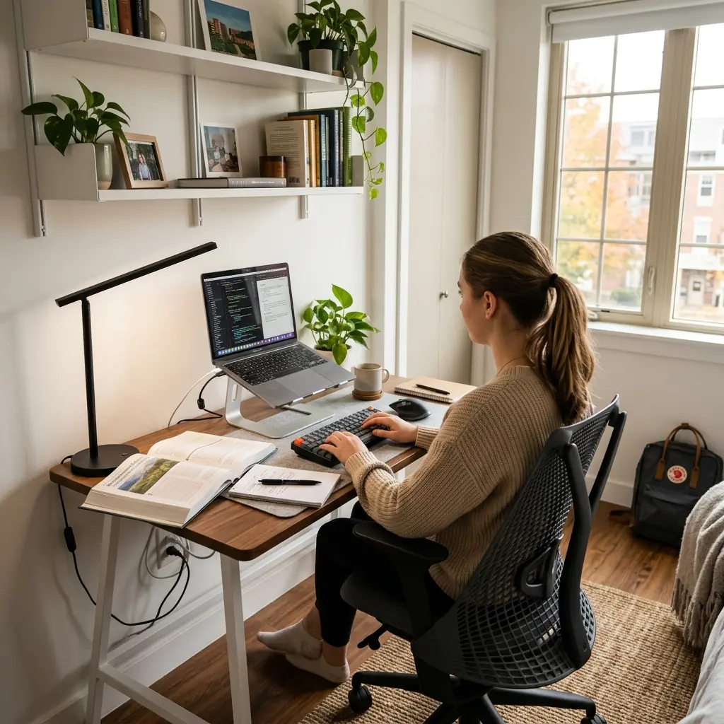 Student studying at a compact, premium minimalist desk in a modern dorm or bedroom