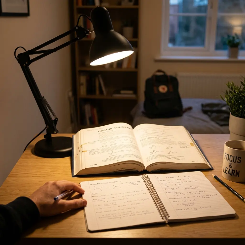 High-quality adjustable LED desk lamp casting warm task lighting over an open textbook and notebook on a student desk