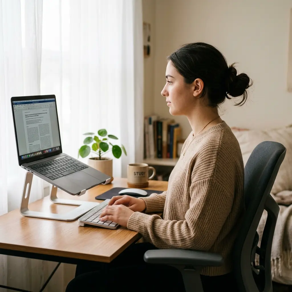 College student sitting with excellent upright posture at a compact desk, typing on a compact keyboard while looking at an elevated laptop screen