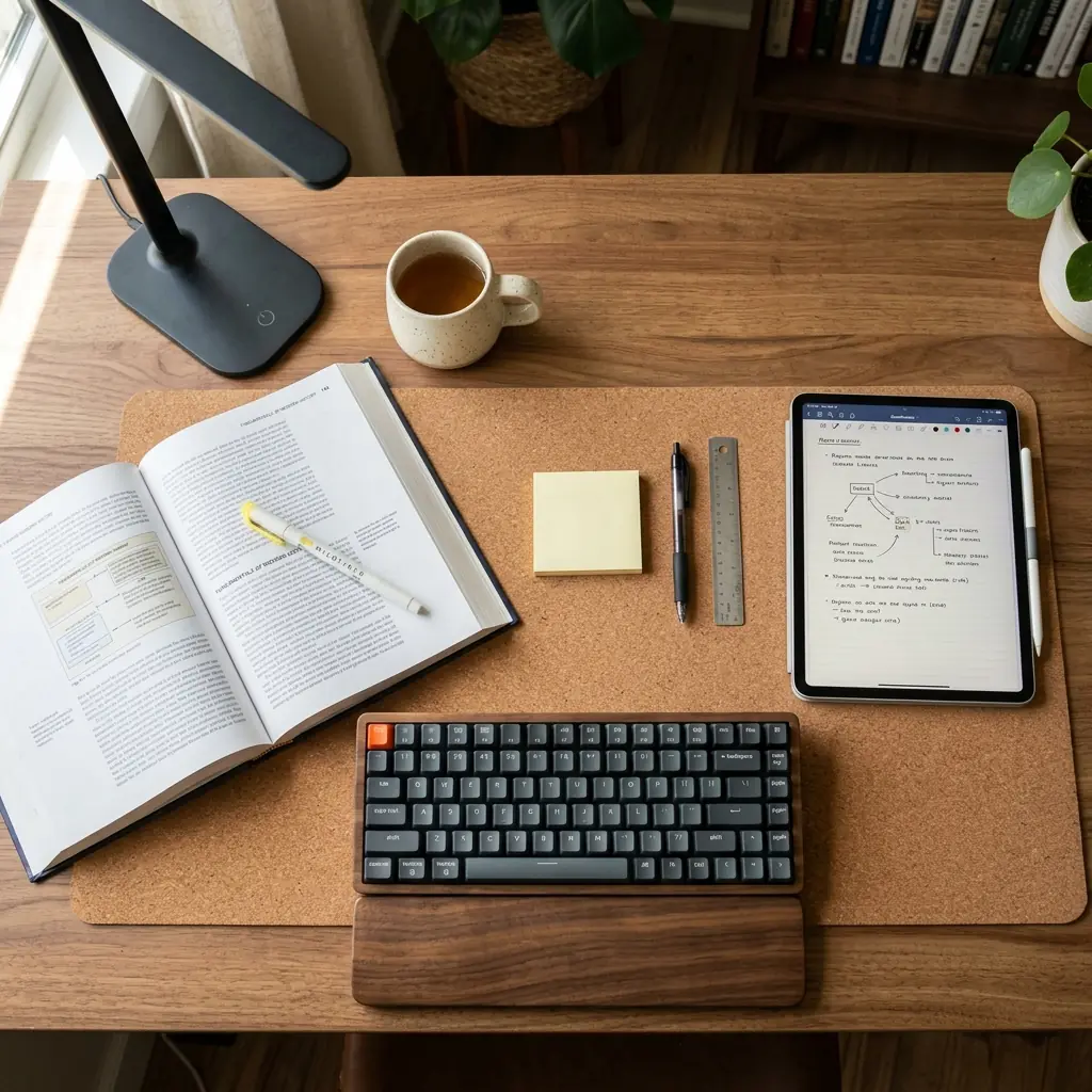 Organized student desk surface with a cork mat, compact keyboard, open textbook with highlighter, and tablet with stylus